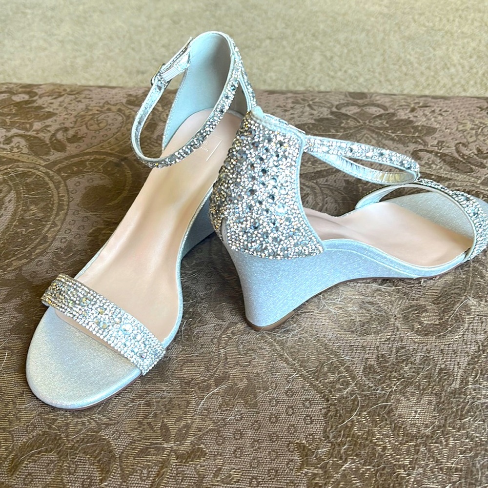 DB Studio Pave Crystal Embellished  Silver Colored Metallic Wedges.
